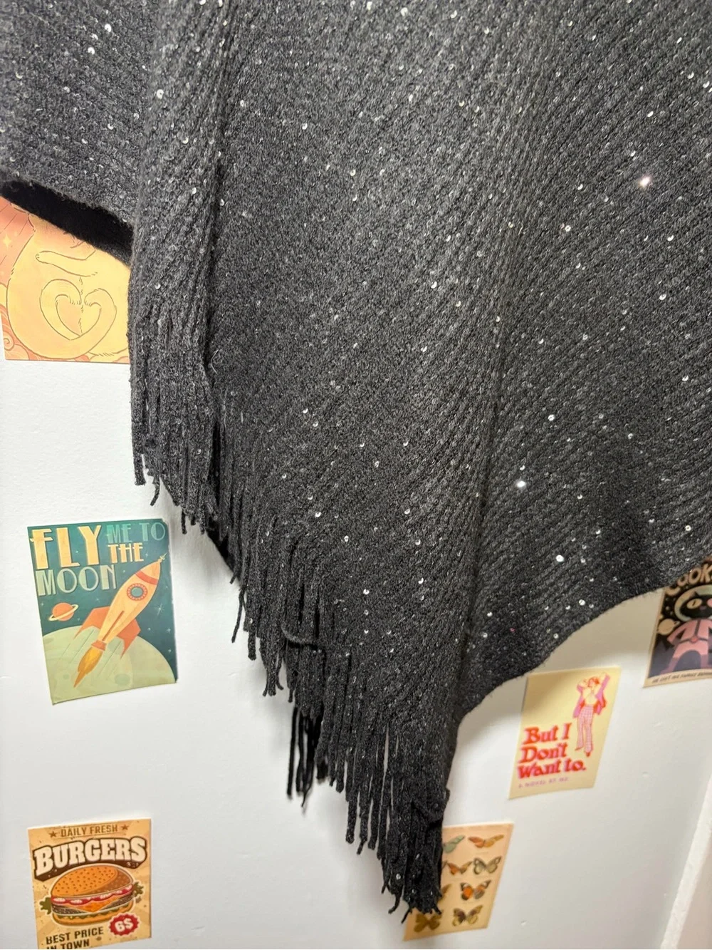 Black Rivet Black Knit Poncho with Fringe Edge